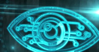 Siber göz casusluğu ve güvenlik kontrol sembolü dijital konsept. Siber teknoloji ve bilgisayar arkaplanı 3 boyutlu. Kusursuz ve döngüsüz.