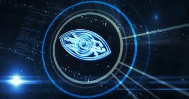 Siber göz casusluğu ve güvenlik kontrol sembolü dijital konsept. Siber teknoloji ve bilgisayar ağı arkaplanı soyut 3d canlandırması.