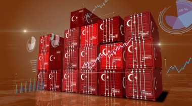 Türkiye, grafikler ve diyagramlar üzerinde üretim ve kargo konteynerleri ihraç ediyor ve ithal ediyor. Türkiye bayrağı endüstriyel nakliye kutusu 3D illüstrasyon.