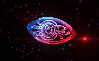 Siber göz casusluğu ve güvenlik kontrol sembolü soyut konsept holografik cam. Siber teknoloji ve bilgisayar arkaplan 3d nesne illüstrasyonu.