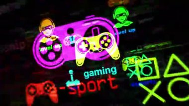Dijital oyun esportları ve siber oyun sembolü teknoloji döngüsü kavramı. Arızalı ekranlardaki soyut imza pürüzsüz ve döngülü.