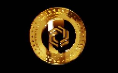 Poznan, Polonya, 1 Kasım 2024: Değişmez IMX şifreleme altın sikkesi retro piksel mozaik 80 'ler tarzında. Dönen altın metal soyut konsept 3D illüstrasyon.