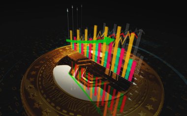 Poznan, Polonya, 1 Kasım 2024: Değişmez IMX şifreleme altın sikkesi. Artan ve azalan çizgilerle fiyat grafiği. Çevrimiçi ödeme ve işletim konsepti 3 boyutlu illüstrasyon.