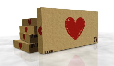 Heart Love hediye kutusu üretim hattı. Romantik sürpriz karton paket fabrikası. Soyut konsept 3d illüstrasyon.