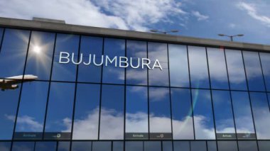 Bujumbura, Burundi 'ye uçak iniyor. Cam havaalanı terminali ve jet uçağının yansımasıyla şehre vardık. Seyahat, iş, turizm ve ulaşım 3D konsepti.