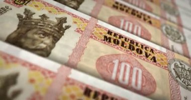 Moldova parası Moldova Lei banknot döngüsü. 100 MDL para dokusu. Ekonomi, iş, kriz, bankacılık, durgunluk, borç ve finans kavramı. Dikdörtgen 3D nota üzerinde hareket.
