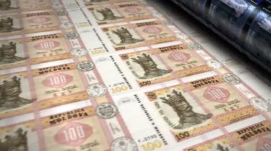 Moldova parası Moldova Lei, para basma makinesi döngüsünü finanse ediyor. Kağıt 100 MDL banknot baskı 3D döngüsü pürüzsüz. Soyut bankacılık, finans, ekonomi ve kriz kavramı.
