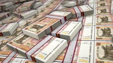 Moldova parası Moldova Lei banknot döngüsü. 100 MDL para yığını. İş, ekonomi, bankacılık ve finans kavramı. Kamera nakit paketleri üzerinde döngü olmayan 3D.