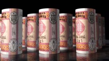 Moldova parası Moldova Lei 3d döngüsünü döndürür. Kamera 100 MDL 'nin önünde hareket ediyor. Kusursuz döngüsüz ekonomi, finans, iş ve borç kavramı.