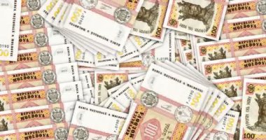 Moldova parası Moldova Lei nakit hayran mozaik döngüsüne para yatırıyor. 100 tane MDL banknot. Soyut banka, finans, ekonomi sorunsuz ve döngülü tasarım geçmişi kavramı.