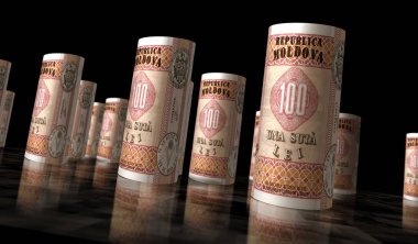 Moldova money Moldovan Lei money rolls 3d illustration. 100 MDL banknote rolled. Concept of finance, cash, economy crisis, business success, recession, bank, tax and debt. clipart