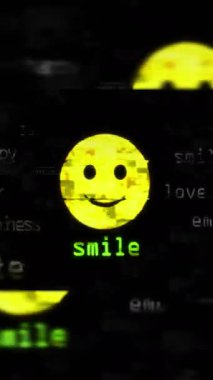 Dikey video: Gülümseme emojisi mutlu ifade sembolü teknoloji döngüsü kavramı ile yüzleşir. Ekranlarda soyut işaret var. Kusursuz ve döngülü.