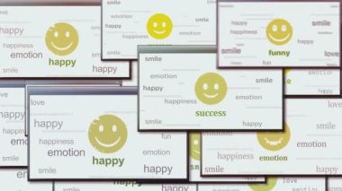 Gülümseme emojisi mutlu ifade sembolü teknoloji döngüsü konseptiyle yüzleşir. Pencerelerde soyut tabela var. Kusursuz ve döngülü.
