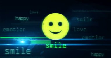 Gülümseme emojisi mutlu ifade sembolü teknoloji döngüsü konseptiyle yüzleşir. Arızalı ekranlardaki soyut imza pürüzsüz ve döngülü.
