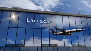 Kıbrıs Rum Kesimi, Larnaca 'ya inen uçaklar üç boyutlu çizimler yapıyor. Cam havaalanı terminali ve jet uçağının yansıması ile şehre varış. Seyahat, iş, turizm ve ulaşım.