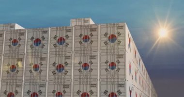 Güney Kore, liman terminalindeki kargo konteynırlarını ihraç edip ithal ediyor. Güney Kore bayrağı endüstriyel nakliye kutusu 3D.