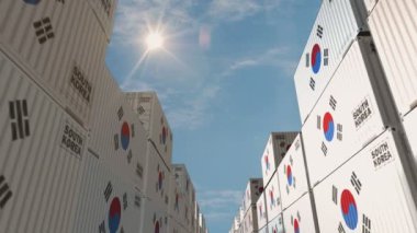 Güney Kore kargo konteynırlarını sorunsuz ve geri dönüşümlü iş konseptiyle ihraç ediyor. Güney Kore bayrağı endüstriyel nakliye kutusu 3D döngü.