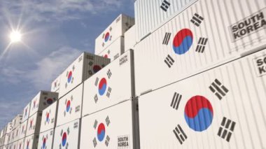 Güney Kore kargo konteynırlarını kusursuz ve döngüsüz olarak ihraç edip ithal ediyor. Güney Kore bayrağı endüstriyel nakliye kutusu 3D döngü.