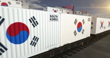 Güney Kore bir yük vagonu döngüsünde üretim ve ithalat konteynırları ihraç eder. Demiryolu tren taşımacılığı ve Güney Kore bayrağıyla nakliye işi. 3B döngü ve kusursuz canlandırma.