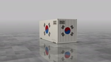 Güney Kore, liman terminalindeki kargo konteynırlarını ihraç edip ithal ediyor. Güney Kore bayrağı endüstriyel nakliye kutusu 3D döngülenebilir ve kusursuz animasyon.