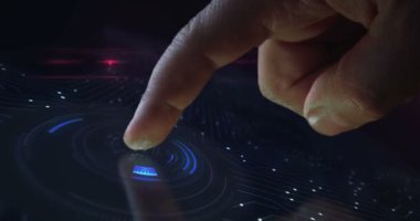 Fikir ampulü ışığı ilhamı ve yaratıcılık sembolü dijital soyut 3D konsept. Parmak dokunuşu ekranı. Siber teknoloji ve ağ geçmişi. Adam bilgisayar ekranını itiyor.