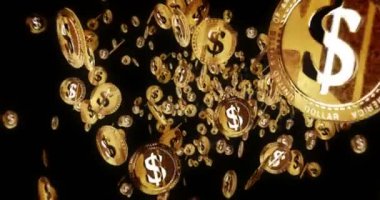 Dolar ABD para birimi altın sikkeler arasında izole uçuş. Dönen altın metal madeni paralar soyut kavram kalıplarını döndürür. Döngüsüz ve pürüzsüz 3d canlandırma.