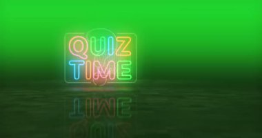 Sınav zamanı soru yarışması neon sembolü. Renkli ampuller. Eğitim oyunu soyut, kusursuz ve döngüsel bir kavram. 3D tünel animasyonunda uçuyor..