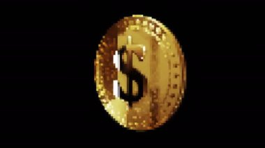 Amerikan Doları altın sikkesi retro piksel mozaik 80 'ler tarzında. Dönen altın metal döngüsü soyut kavram. 3B döngü kusursuz döngü.