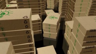 Çevre dostu yenilik kutusu üretim hattı. Sürdürülebilir karton paket fabrikası. Soyut kavram 3D döngüsüz dikişsiz.