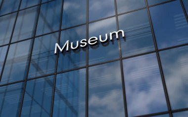 Müze cam bina konsepti. Ön cephedeki sanat galerisi sembolü 3D illüstrasyon.