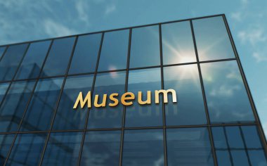Müze cam bina konsepti. Ön cephedeki sanat galerisi sembolü 3D illüstrasyon.