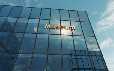 Müze cam bina konsepti. Ön cephedeki sanat galerisi sembolü 3D illüstrasyon.