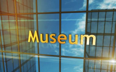 Müze cam bina konsepti. Ön cephedeki sanat galerisi sembolü 3D illüstrasyon.