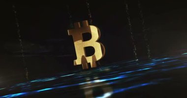 Bitcoin kripto blok zinciri ve dijital para teknolojisi yeşil dijital arka planda parlıyor. Soyut 3D altın metal parlayan simge animasyonu.