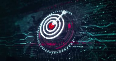 Hedef iş stratejisi ve başarı motivasyon sembolü soyut dijital kavram. Küresel ağ ve siber teknoloji arkaplanı pürüzsüz ve döngülü 3D animasyon.