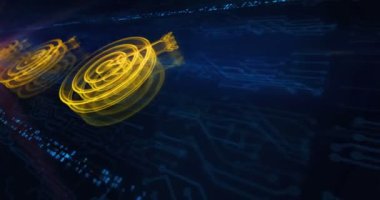 Hedef iş stratejisi ve başarı motivasyonu hologram sembolü elektronik devre arka planında görünüyor. Ağ, siber teknoloji ve bilgisayar soyut kavramı.