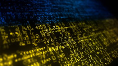 Ukrayna dijital teknoloji bayrak siber arka planı. Ukrayna bayrağı siber saldırı ve casusluk konsepti çizimi.