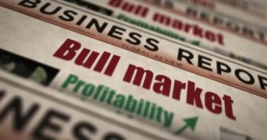 Boğa piyasası başarısı ve finansal büyüme günlük gazete baskısı. Soyut konsept retro başlıklar 3d kusursuz döngülenmiş.