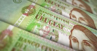 Uruguay parası Uruguay peso banknot döngüsü. 1000 Uyu para dokusu. Ekonomi, iş, kriz, bankacılık, durgunluk, borç ve finans kavramı. Dikdörtgen 3D nota üzerinde hareket.
