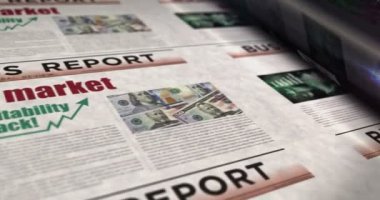 Boğa piyasası başarısı ve finansal büyüme günlük gazete rulosu baskısı. Soyut konsept retro başlıklar 3d kusursuz döngülenmiş.