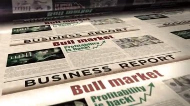 Boğa piyasası başarısı ve finansal büyüme günlük gazete rulosu baskısı. Soyut konsept retro başlıklar 3d kusursuz döngülenmiş.