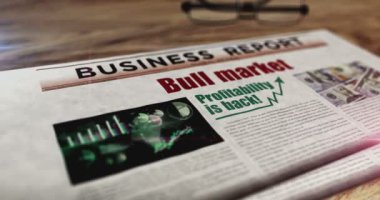 Boğa piyasası başarısı ve finansal büyüme gazetesi masada. Manşetler soyut kavram 3D.