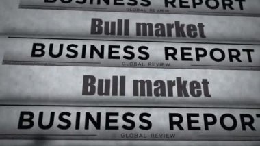 Boğa pazarı başarısı ve finansal büyüme bağbozumu haber ve gazete baskısı. Soyut konsept retro başlıklar 3d siyah ve beyaz.