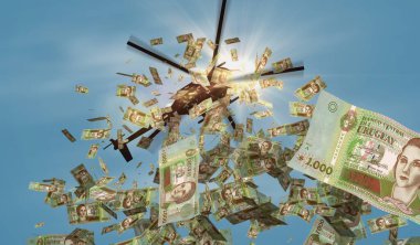 Uruguay Peso banknotes helicopter money dropping. Uruguayan UYU 1000 notes abstract 3d concept of inflation, money printing, finance, economy, crisis and quantitative easing illustration. clipart