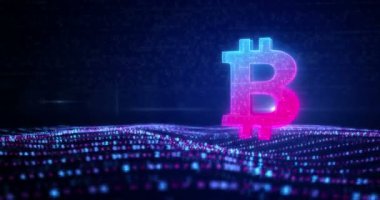 Bitcoin kripto blok zinciri ve dijital dalgalar üzerinde dijital para teknolojisi sembolü. Dijital deniz üzerindeki soyut simge ve akan siber dalgalar arkaplan canlandırması.