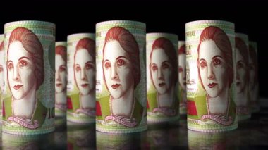 Uruguay parası Uruguay pesoları 3D döngüsü. Kamera 1000 Uyu 'nun önünde hareket ediyor. Kusursuz döngüsüz ekonomi, finans, iş ve borç kavramı.