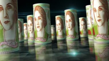 Uruguay parası Uruguay pesoları 3D döngüsü. Para masanın üstünde. Kusursuz ve soyut ekonomi, finans ve iş kavramı. 1000 Yuan 'lık banknotlar arası kamera..