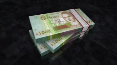 Uruguay parası Uruguay pezo yığını. Ekonomi, bankacılık, iş, kriz, durgunluk, borç ve finans konularının kavramı. 1000 UYU banknotları 3D animasyon yığınları.