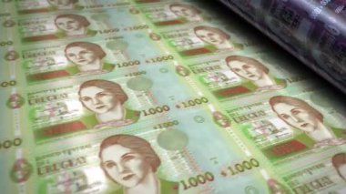 Uruguay parası Uruguaylı pezo banknotlar basım makinesi döngüsü. Kağıt 1000 UYU banknot baskı 3D döngüsü pürüzsüz. Soyut bankacılık, finans, ekonomi ve kriz kavramı.