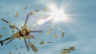 Uruguay parası Uruguay pesosu helikopter parasının düşüşünü finanse ediyor. 1000 UYU, soyut 3D enflasyon, para basma, finans, ekonomi, kriz ve niceliksel kolaylık kavramı.